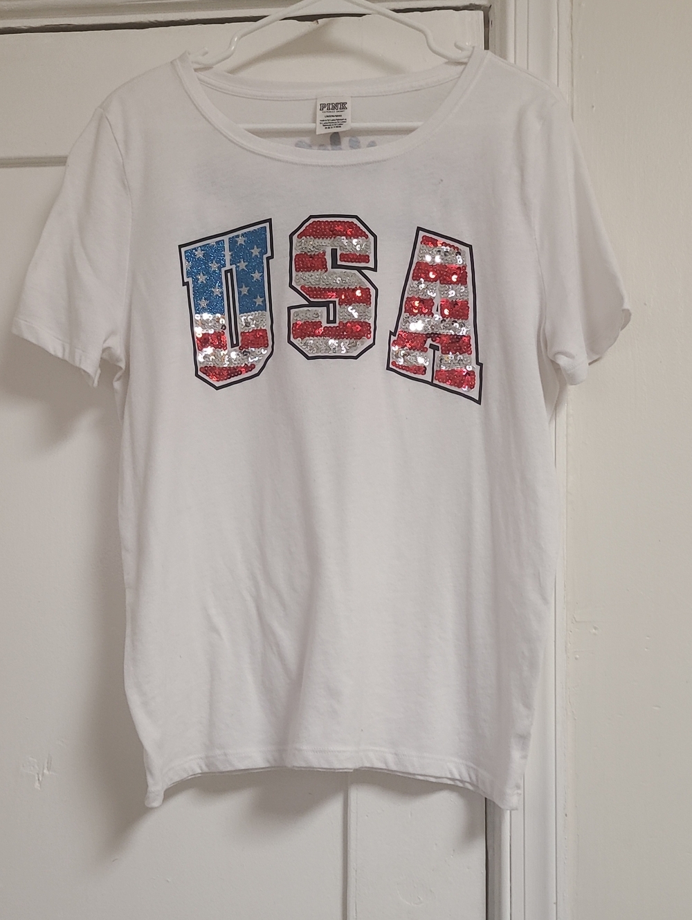 PINK Victoria's Secret White Kids Tee with Red, Blue Sequin USA Graphic